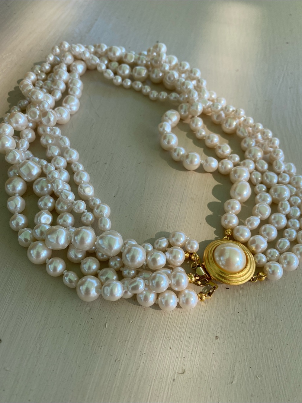 Vintage Multi-Strand Freshwater Pearl Statement Necklace with Gold-Tone Clasp